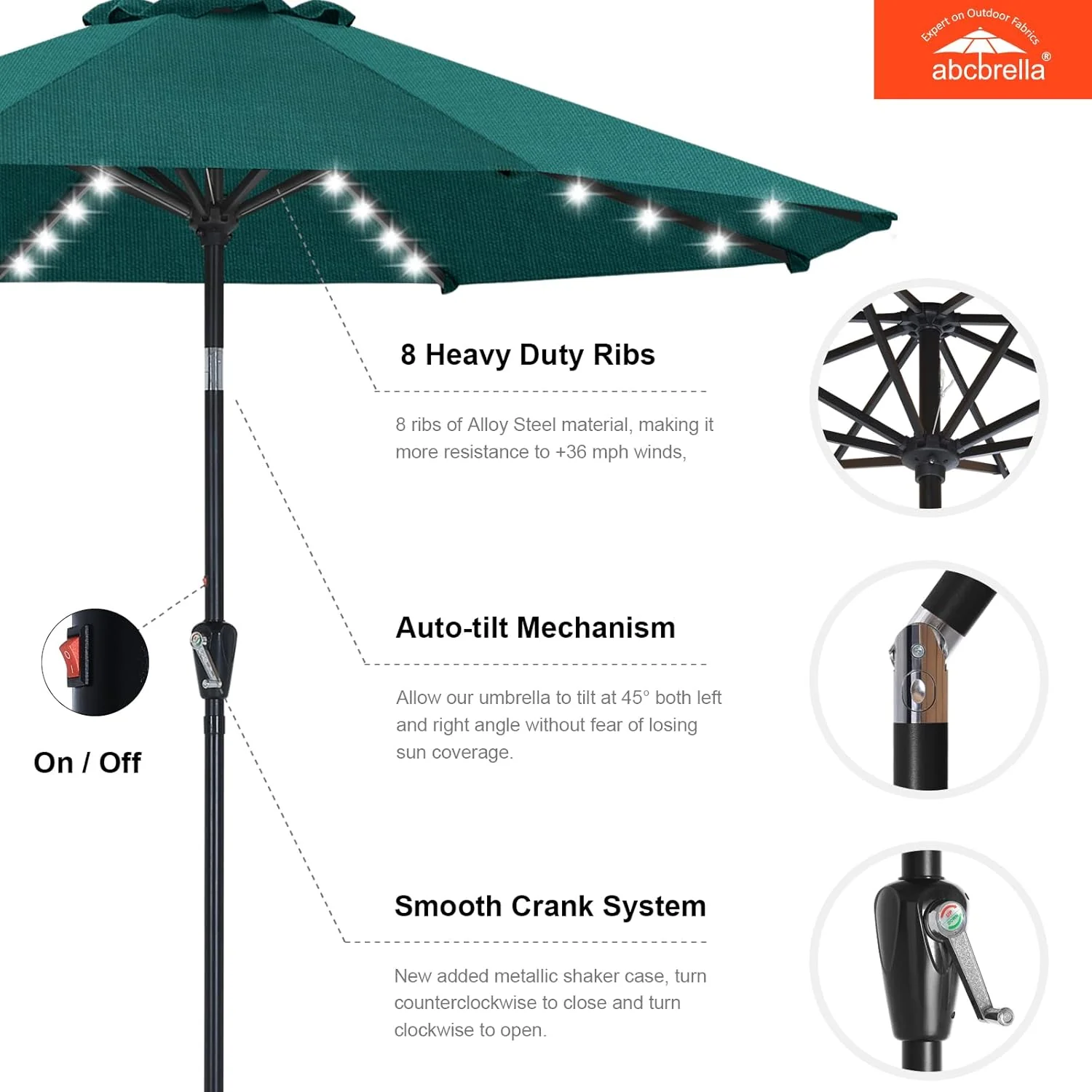 ABCCANOPY OLEFIN 5-Year No Fading Patio Umbrella with Solar Lights 9FT 8Ribs - Image 4