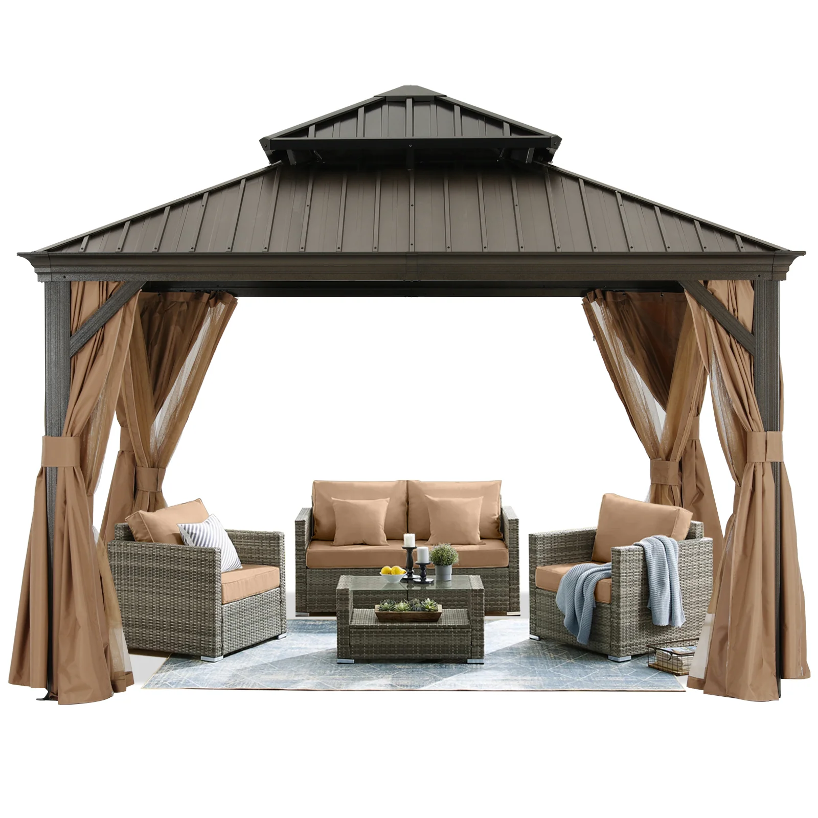 Hardtop Gazebo - Outdoor Permanent Double Top Gazebo With Netting - Image 10
