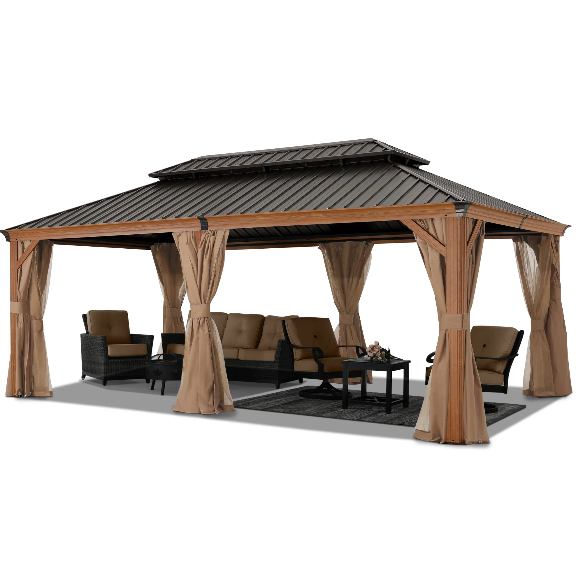 Hardtop Gazebo - Outdoor Permanent Double Top Gazebo With Netting - Image 14