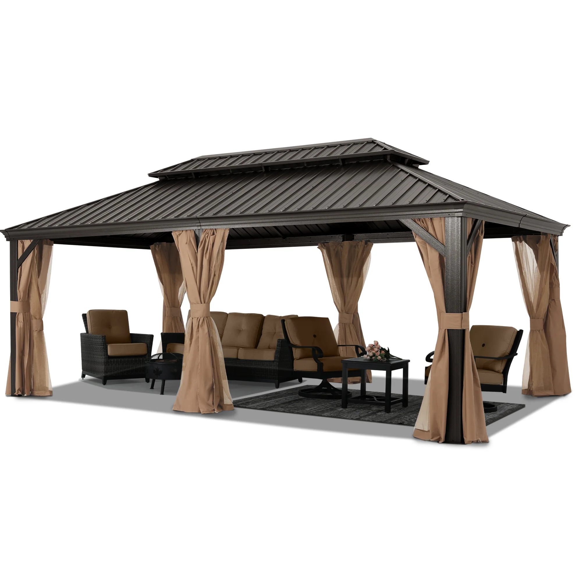 Hardtop Gazebo - Outdoor Permanent Double Top Gazebo With Netting - Image 17