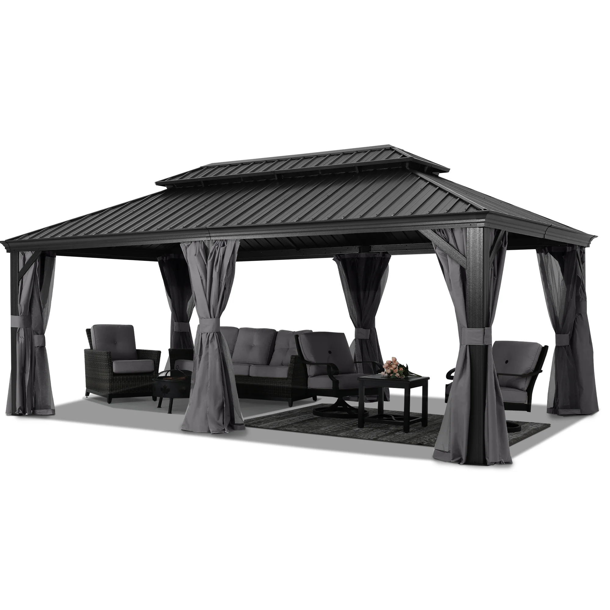 Hardtop Gazebo - Outdoor Permanent Double Top Gazebo With Netting - Image 20