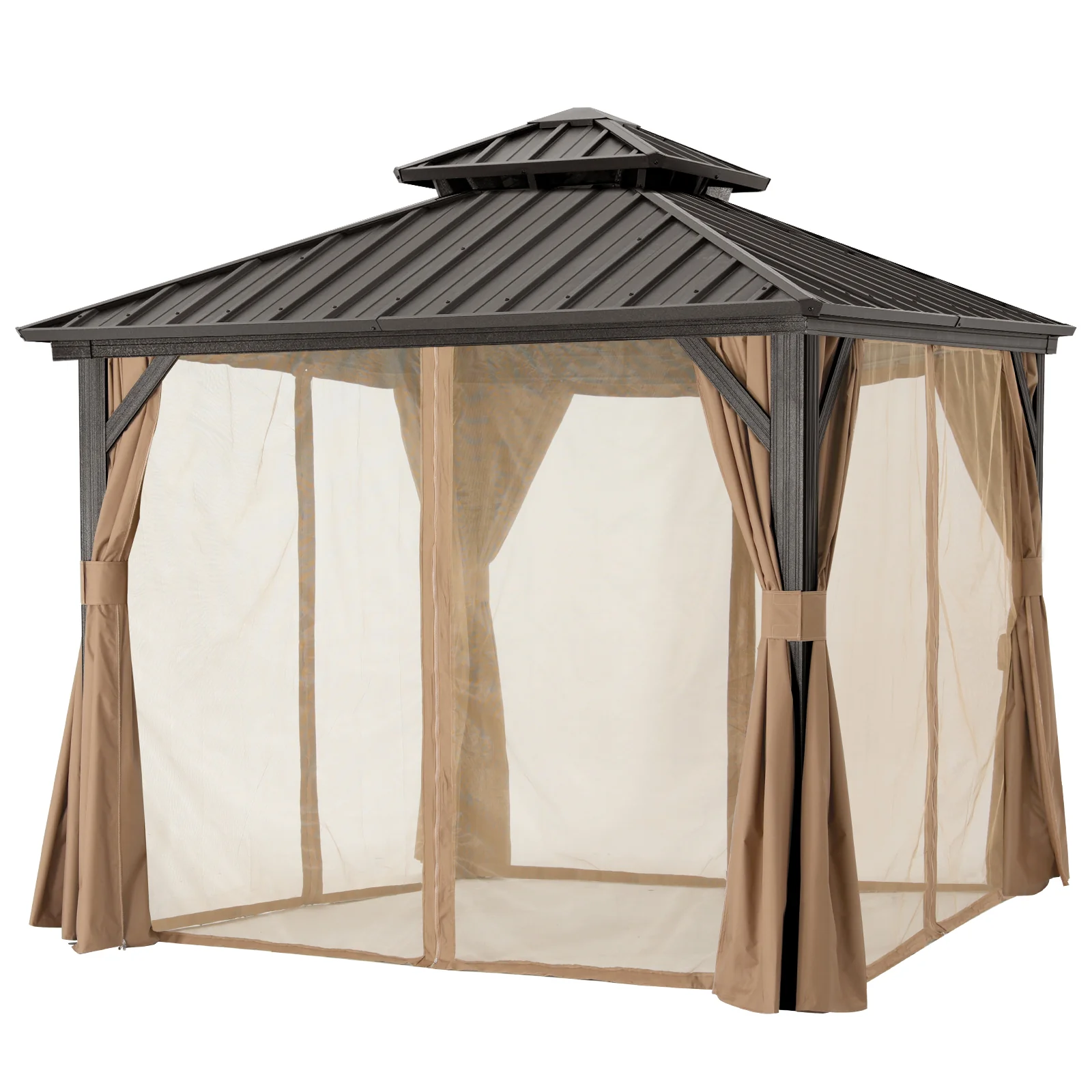 Hardtop Gazebo - Outdoor Permanent Double Top Gazebo With Netting - Image 24