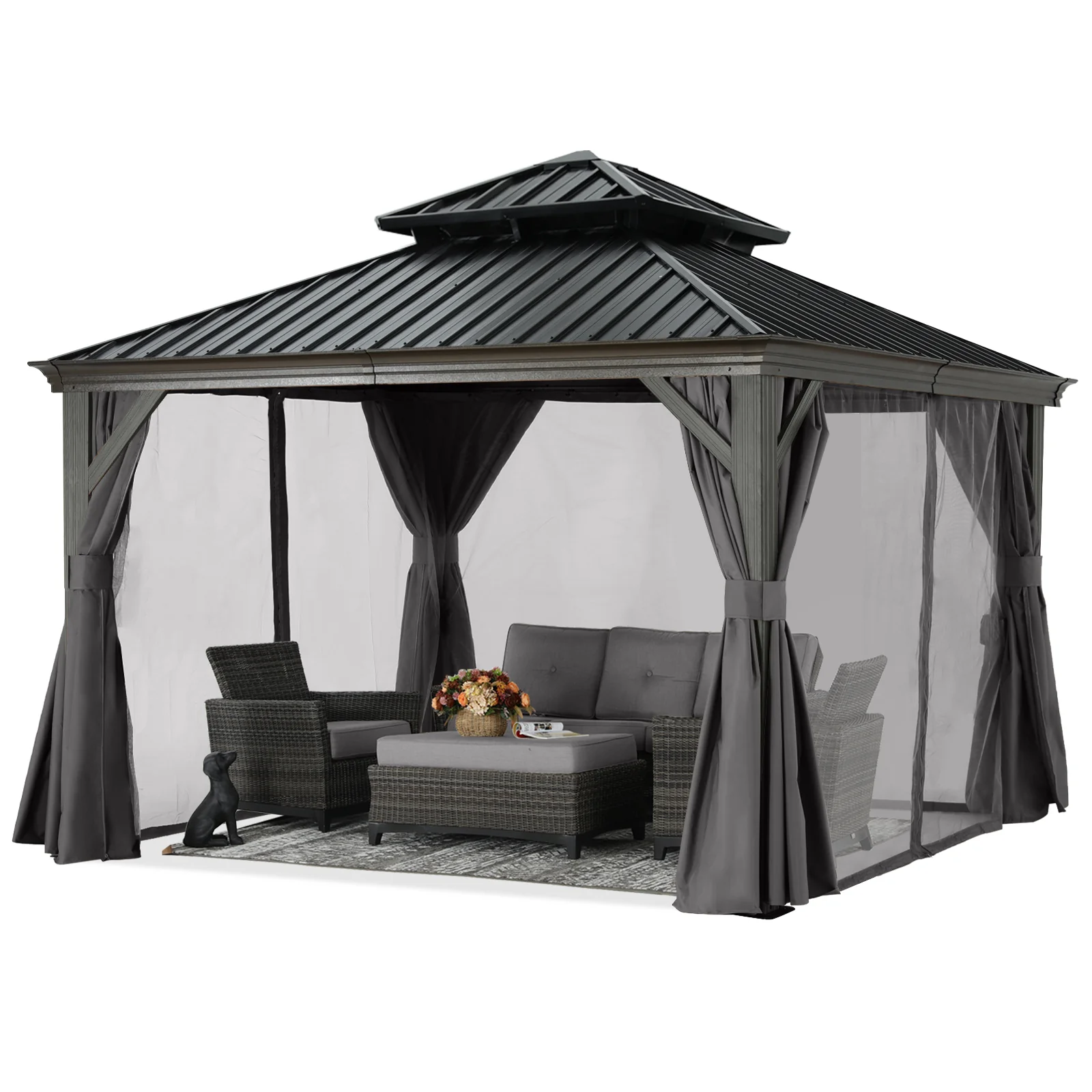 Hardtop Gazebo - Outdoor Permanent Double Top Gazebo With Netting - Image 3