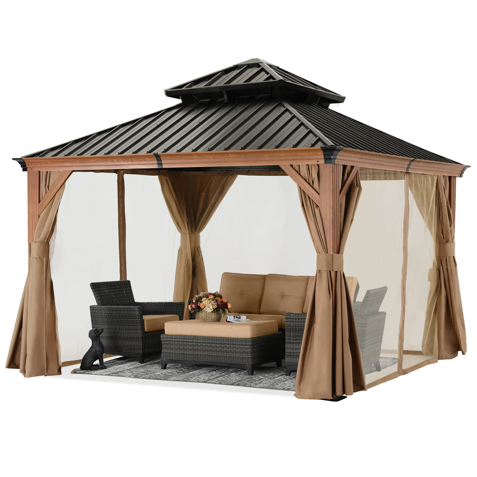 Hardtop Gazebo - Outdoor Permanent Double Top Gazebo With Netting - Image 6