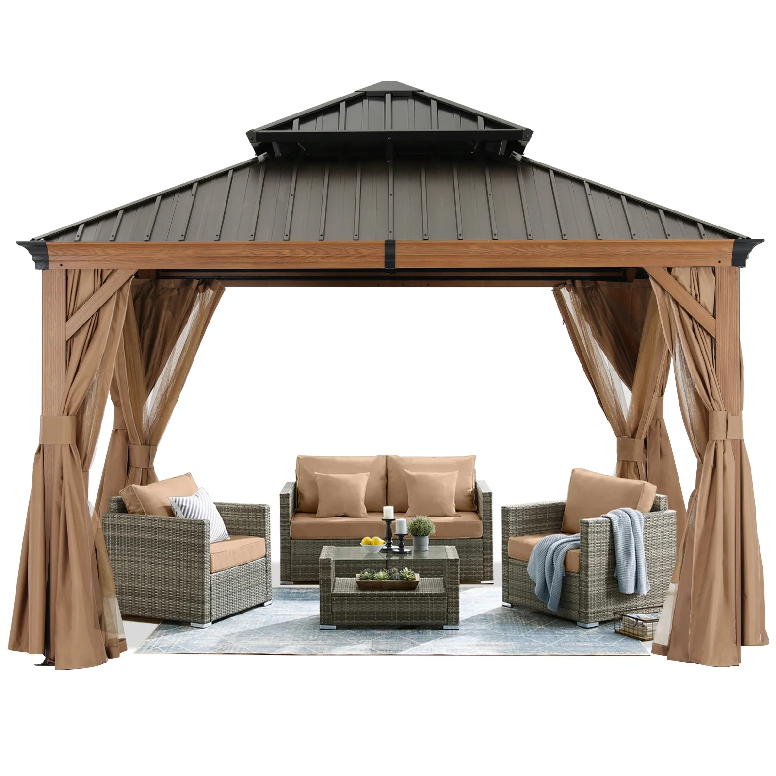 Hardtop Gazebo - Outdoor Permanent Double Top Gazebo With Netting - Image 7