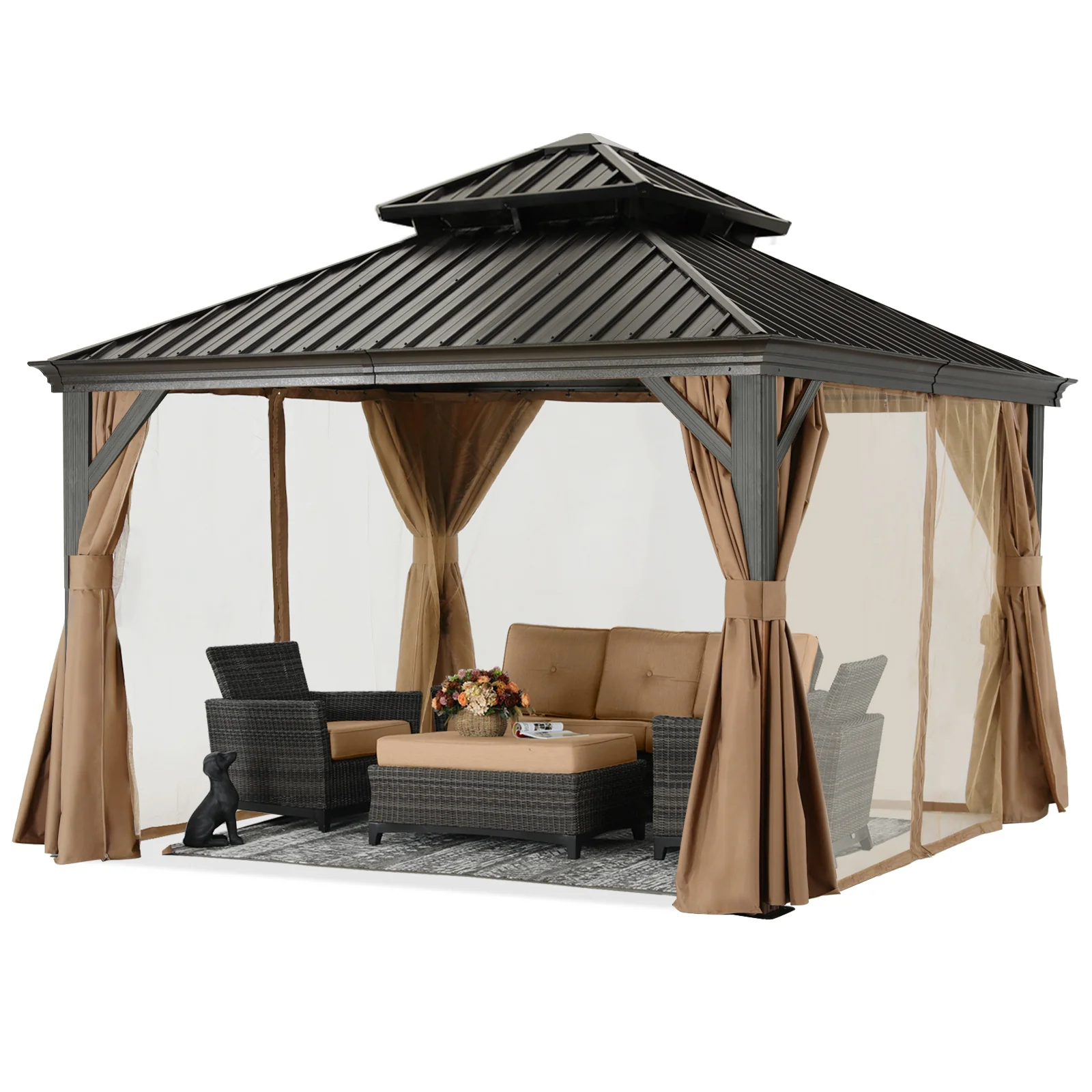 Hardtop Gazebo - Outdoor Permanent Double Top Gazebo With Netting - Image 9